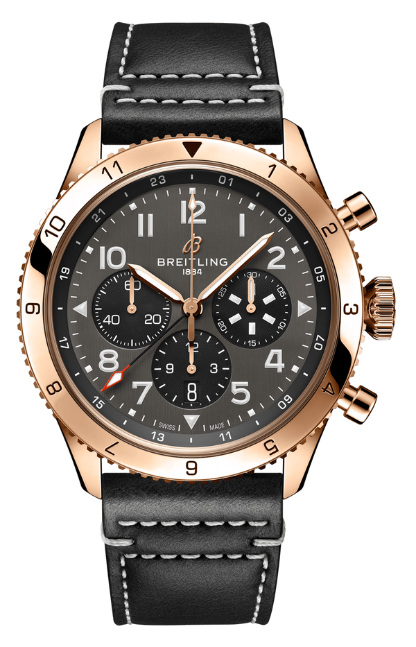 Breitling Super Avi B04 Chronograph GMT 46 P-51 Mustang Grey Dial Black Leather Strap Watch for Men - RB04451A1B1X1