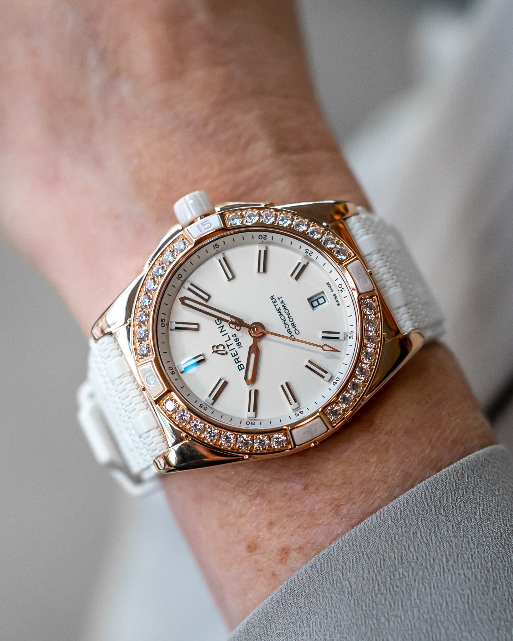 Breitling Super Chronomat Automatic 38 Origins Diamonds White Dial White Rubber Strap Watch for Women - R17356531G1S1