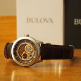 Shop Bulova Classic Skeleton Automatic Brown Dial Brown Leather Strap Watch for Men - 96A120 in USA