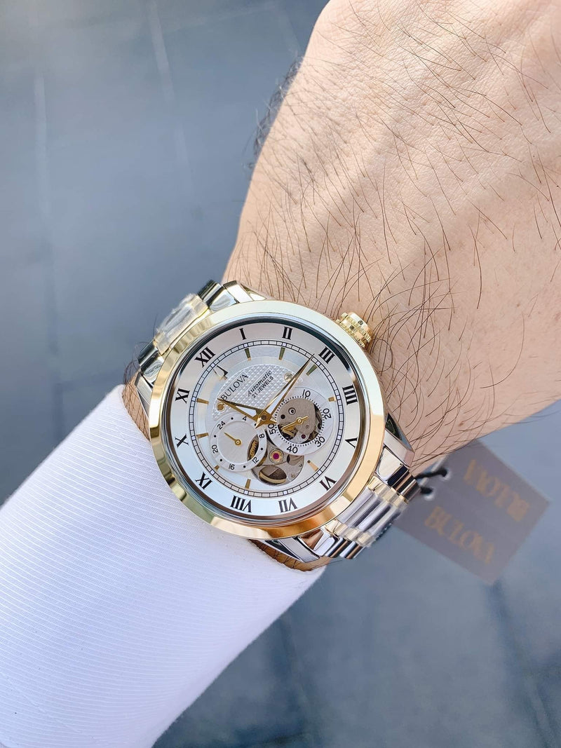 Bulova BVA Skeleton Silver Dial Two Tone Steel Strap Watch for Men - 98A230 Buy Now By Bulova