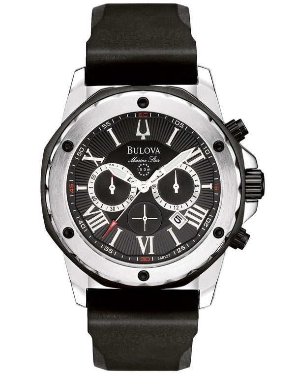 Bulova Marine Star Chronograph Black Dial Black Rubber Strap Watch for Men - 98B127 Buy Now By Bulova