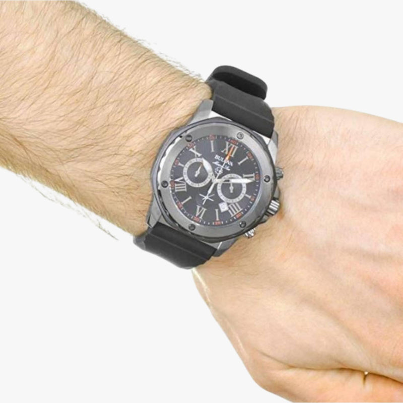 Bulova Marine Star Chronograph Black Dial Black Rubber Strap Watch for Men - 98B127 Buy Now By Bulova
