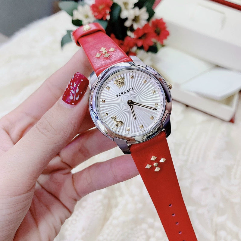 Versace Audrey Quartz Silver Dial Red Leather Strap Watch for Women - VELR00219 Buy Now By Versace