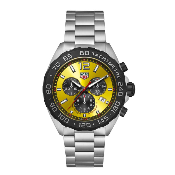 Shop Tag Heuer Formula 1 Quartz Chronograph Yellow Dial Silver Steel Strap Watch for Men - CAZ101AM.BA0842 in USA