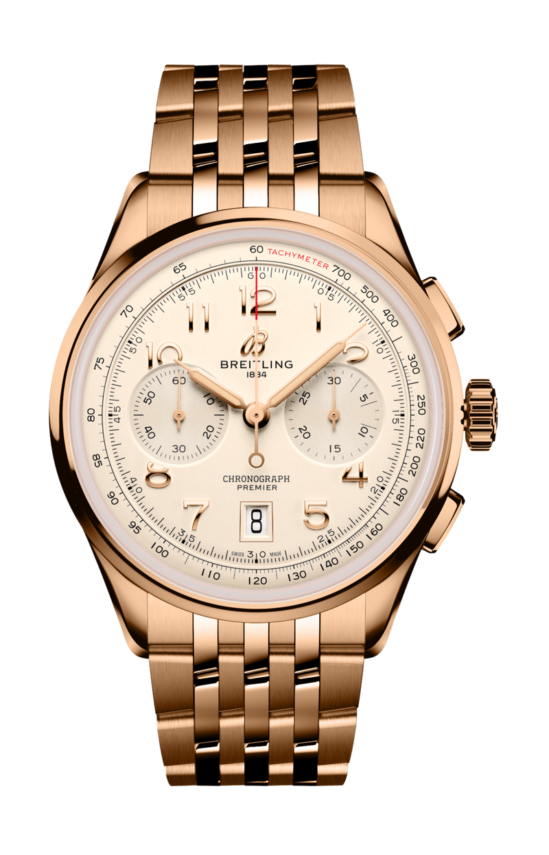 Breitling Premier B01 Chronograph 42 White Dial Rose Gold Steel Strap Watch for Men - RB0145371G1R1