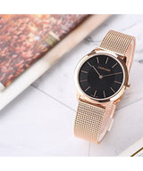 Calvin Klein Minimal Black Dial Rose Gold Mesh Bracelet Watch for Women - K3M2262Y