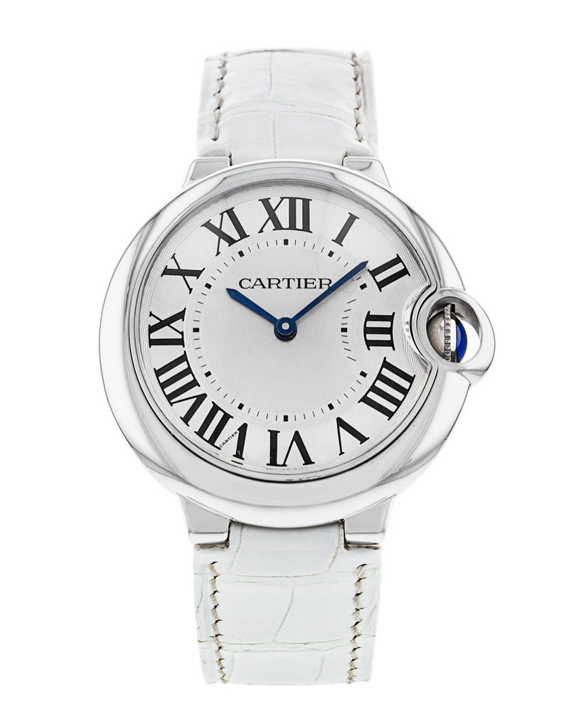 Shop Cartier Ballon Bleu de Cartier Silver Dial White Leather Strap Watch for Women - W6920087 in USA
