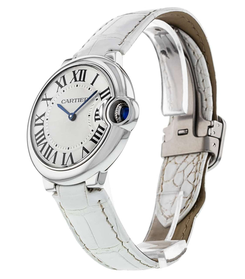 Shop Cartier Ballon Bleu de Cartier Silver Dial White Leather Strap Watch for Women - W6920087 in USA