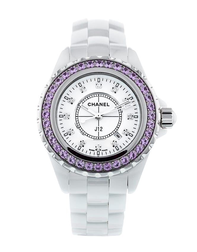 Shop Chanel J12 Sapphire Bezel Ceramic White Dial White Steel Strap Watch for Women - J12 H2010 in USA