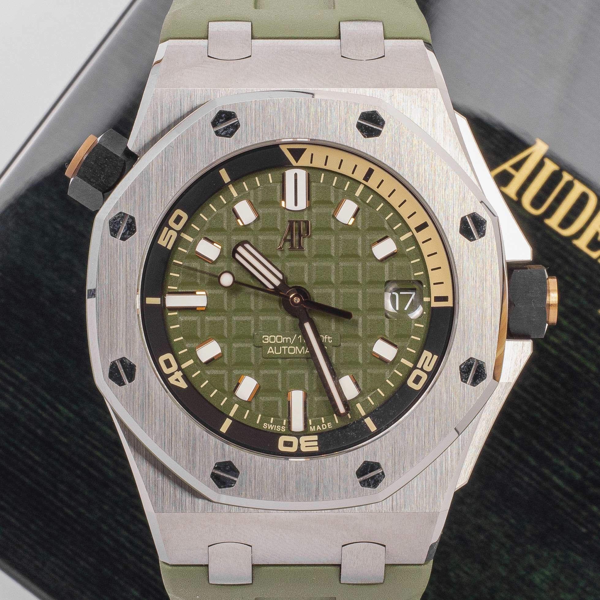 Audemars Piguet Royal Oak Offshore Diver Green Dial Green Rubber Strap Watch for Men - 15720ST.OO.A052CA.01