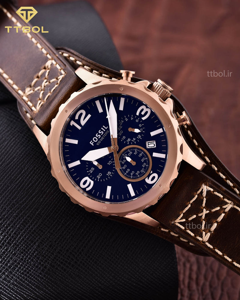 Shop Fossil Nate Chronograph Blue Dial Brown Leather Strap Watch for Men - JR1505 in USA