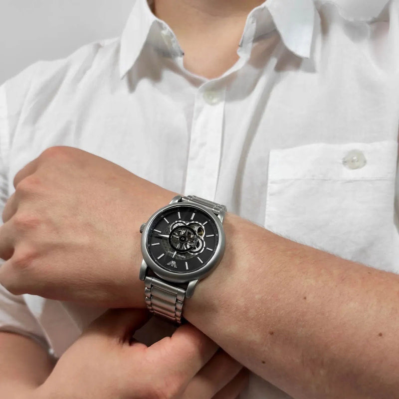 Emporio Armani Meccanico Automatic Skeleton Black Dial Silver Steel Strap Watch For Men - AR60021 Buy Now By Emporio Armani
