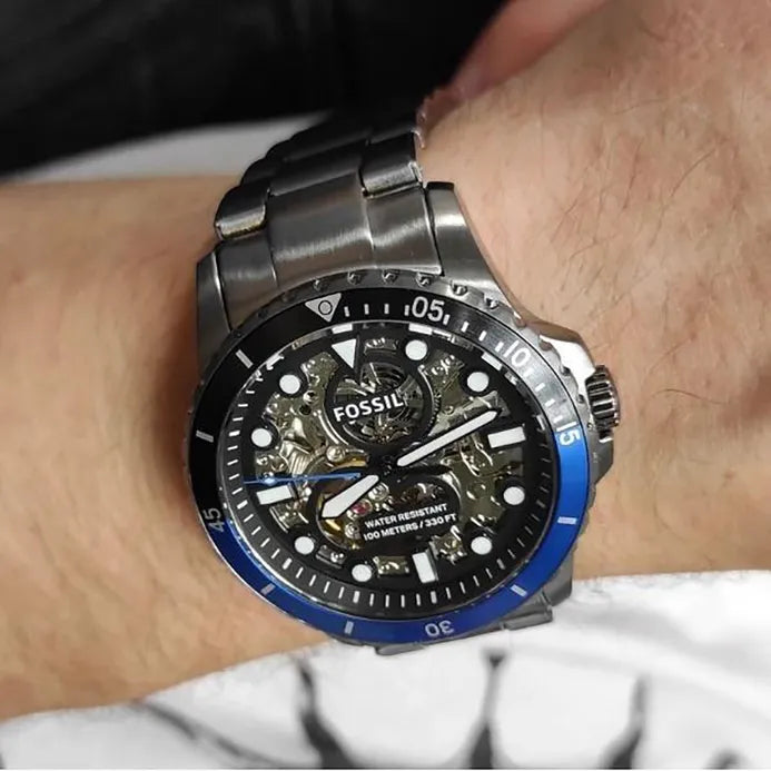 Fossil FB-01 Automatic Skeleton Black Dial Grey Steel Strap Watch for Men - ME3201 Buy Now By Fossil