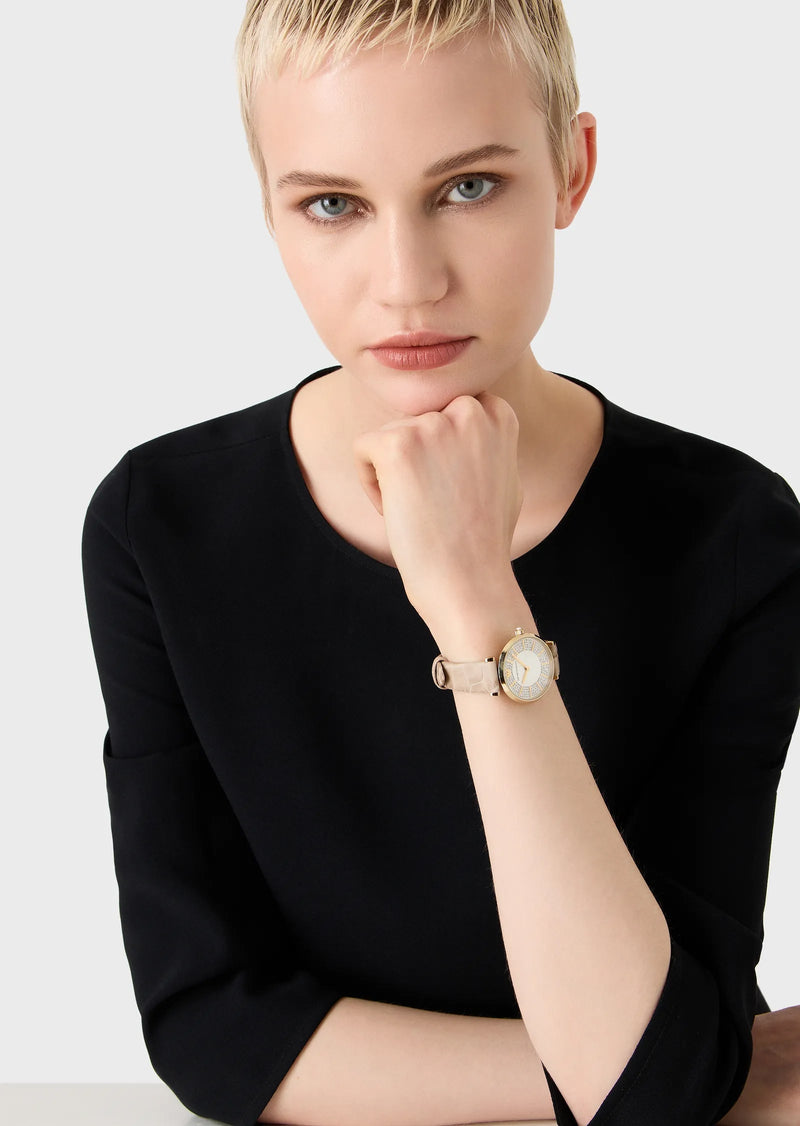 Emporio Armani Gianni T Bar Crystals Silver Dial Brown Leather Strap Watch For Women - AR11518 Buy Now By Emporio Armani