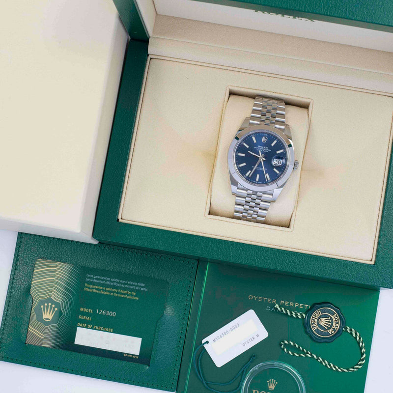 Shop Rolex Datejust 41 Oyster Blue Dial Silver Oystersteel Jubilee Bracelet Watch for Men - M126300-0002 in USA