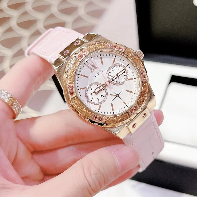 Shop Guess Limelight Quartz Analog White Dial Pink Leather Strap Watch For Women - W0775l3 in USA