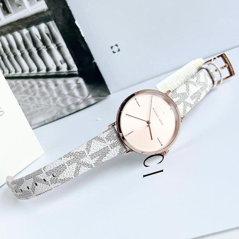 Michael Kors Jayne Three Hand Rose Gold Dial White Leather Strap Watch For Women - MK7128 Buy Now By Michael Kors