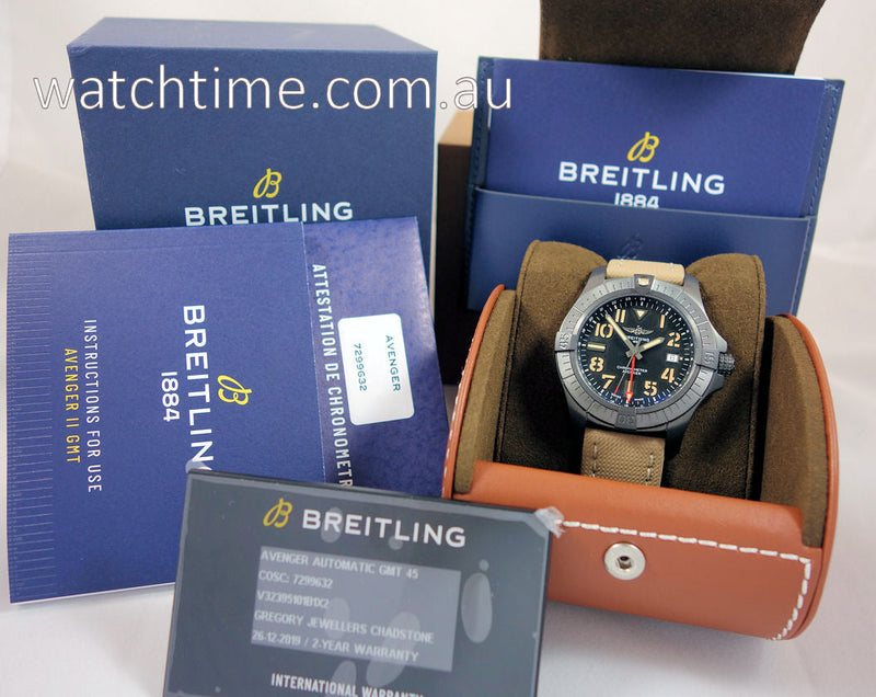 Shop Breitling Avenger Automatic GMT 45 Black Dial Brown Nylon Strap Watch for Men - V32395101B1X1 in USA