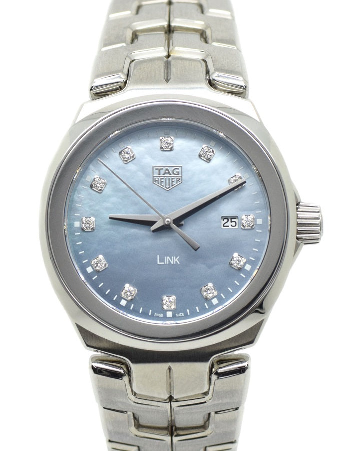Shop Tag Heuer Link Quartz Diamonds Blue Mother of Pearl Dial Silver Steel Strap Watch for Women - WBC1313.BA0600 in USA