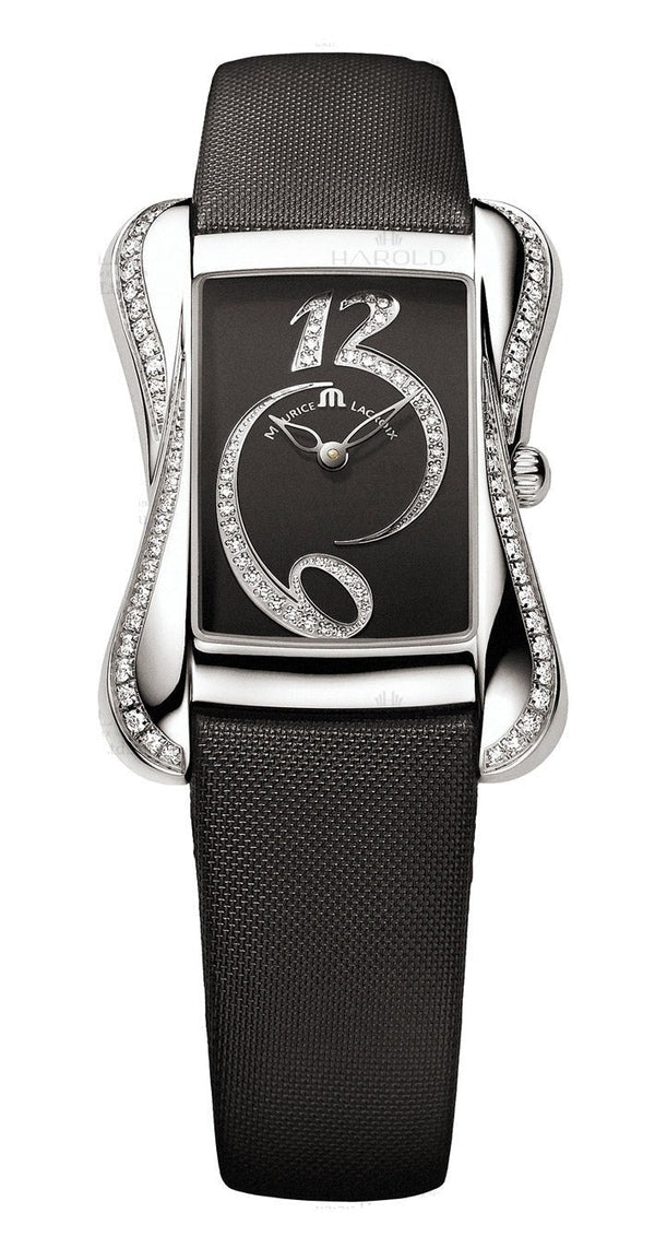 Shop Maurice Lacroix Divina Black Dial with Diamonds Black Leather Strap Watch for Women - DV5012-SD531-120 in USA