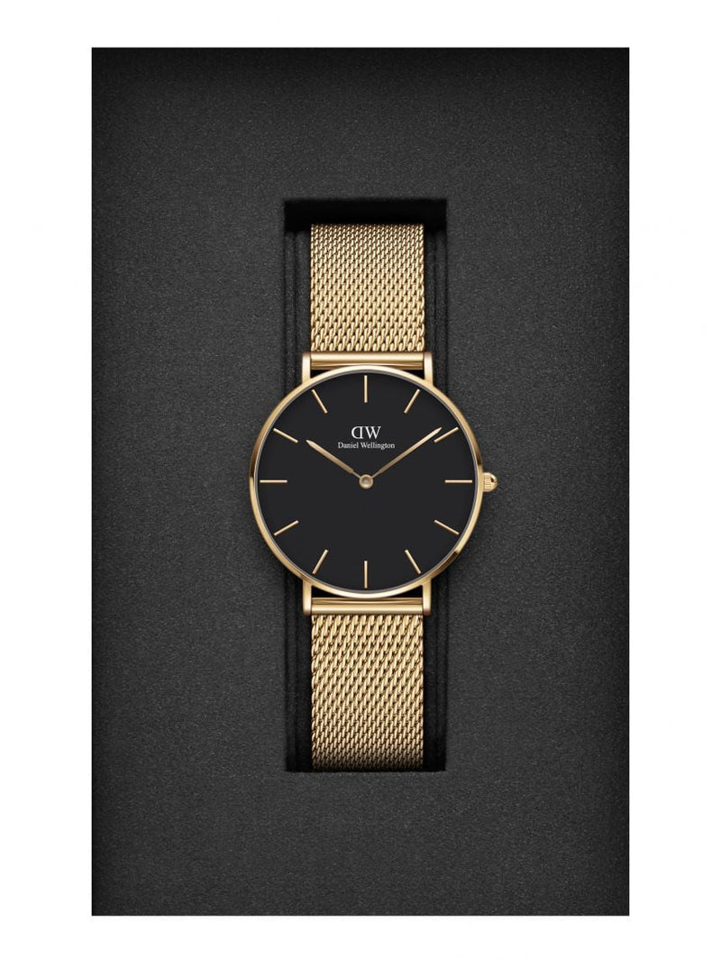 Daniel Wellington Petite Evergold Black Dial Gold Mesh Strap Watch For Women - DW00100345