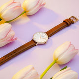 Daniel Wellington Petite Durham White Dial Brown Leather Strap Watch For Women - DW00100172