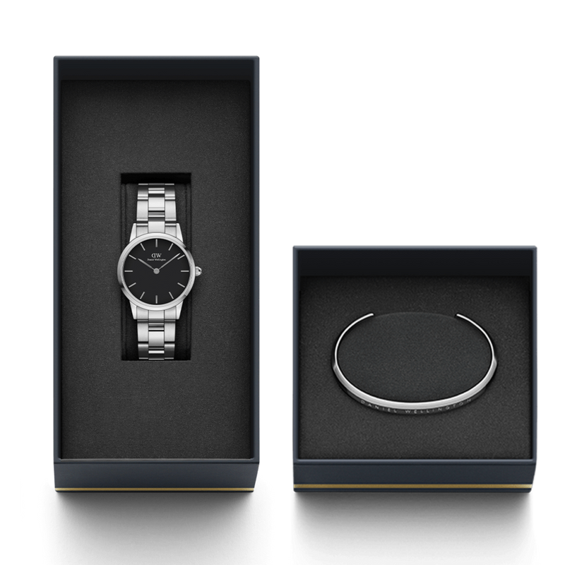 Daniel Wellington Iconic Link Black Dial Silver Steel Strap Watch For Women - DW00100208