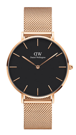 Daniel Wellington Petite Melrose Black Dial Rose Gold Mesh Strap Watch For Women - DW00100303