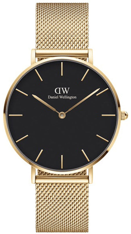 Daniel Wellington Petite Evergold Black Dial Gold Mesh Strap Watch For Women - DW00100345