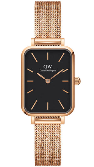 Daniel Wellington Quadro Melrose Black Dial Rose Gold Mesh Bracelet Watch For Women - DW00100432