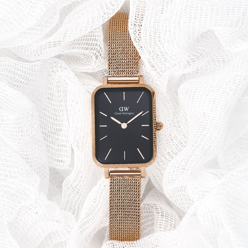 Daniel Wellington Quadro Melrose Black Dial Rose Gold Mesh Bracelet Watch For Women - DW00100432 Buy Now By Daniel Wellington