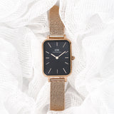 Daniel Wellington Quadro Melrose Black Dial Rose Gold Mesh Bracelet Watch For Women - DW00100432