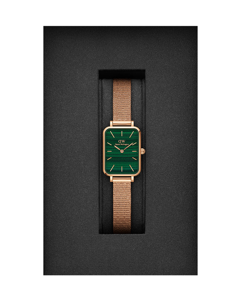 Daniel Wellington Quadro Melrose Green Dial Rose Gold Mesh Strap Watch For Women - DW00100437