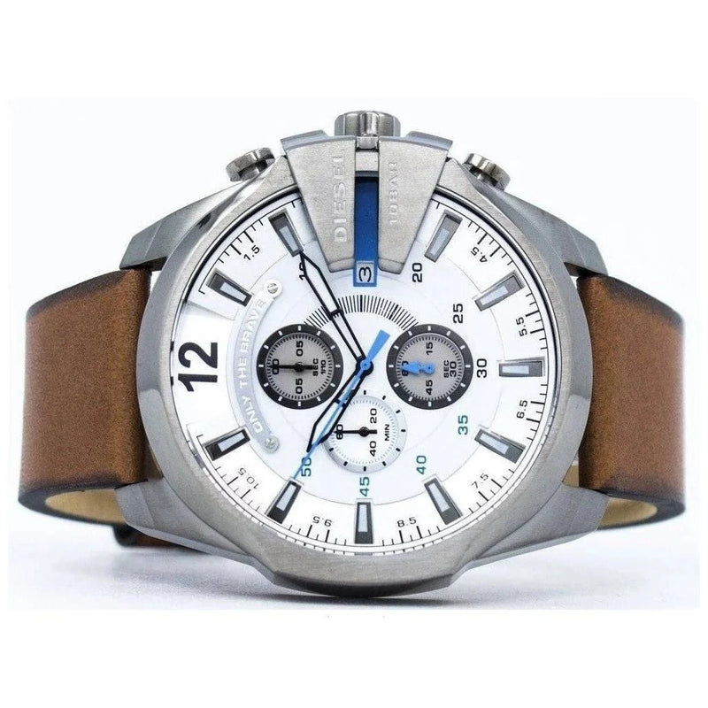 Shop Diesel Mega Chief White Dial Brown Leather Strap Watch For Men - DZ4280 in USA
