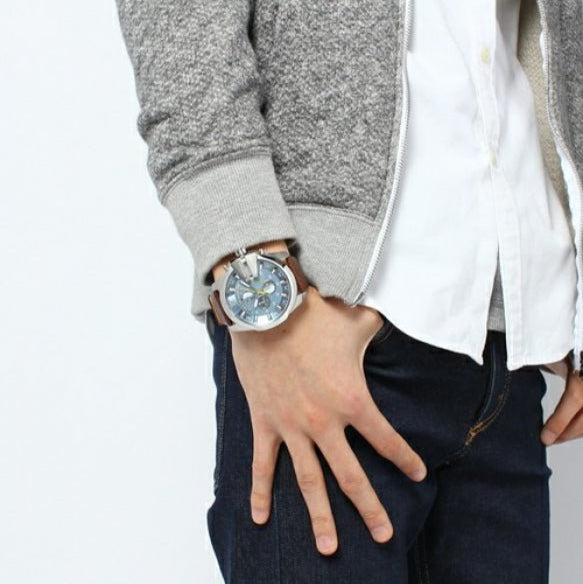 Diesel Mega Chief Light Blue Dial Brown Leather Strap Watch For Men - DZ4281