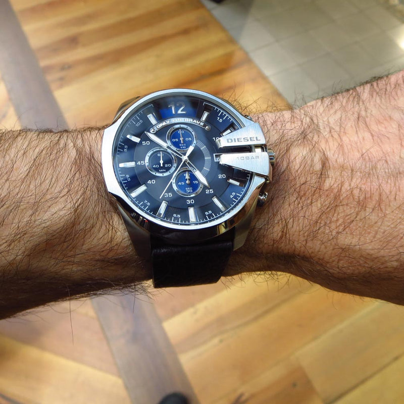 Diesel Mega Chief Chronograph Blue Dial Black Leather Strap Watch For Men - DZ4423 Buy Now By Diesel