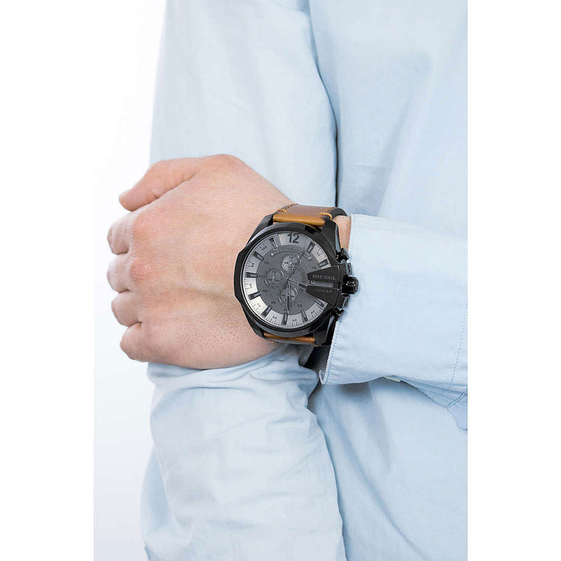 Diesel Mega Chief Chronograph Grey Dial Brown Leather Strap Watch For Men - DZ4463 Buy Now By Diesel