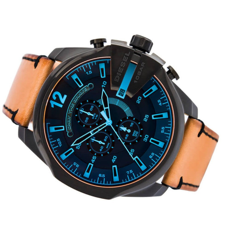 Diesel Mega Chief Chronograph Black Dial Brown Leather Strap Watch For Men - DZ4476 Buy Now By Diesel