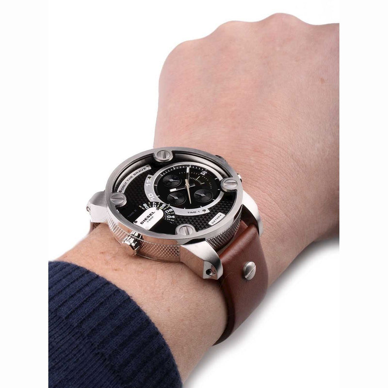 Diesel SBA Dual Time Black Dial Brown Leather Strap Watch For Men - DZ7264 Buy Now By Diesel