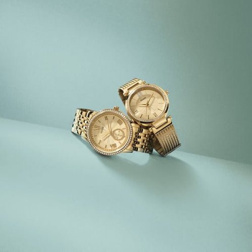Shop Guess Soho Champagne Dial Stainless Steel Mesh Bracelet Watch For Women - W0638L2 in USA