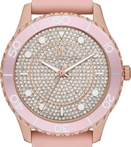 Shop Michael Kors Runway Three Hand Crystal Pave Dial Pink Rubber Strap Watch For Women - MK6854 in USA