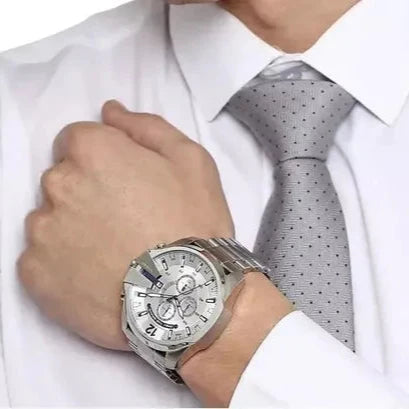 Diesel Mega Chief Chronograph White Dial Silver Steel Strap Watch For Men - DZ4477
