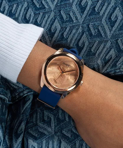 Guess Cubed Analog Rose Gold Dial Blue Leather Strap Watch For Women - GW0665L2 Buy Now By Guess