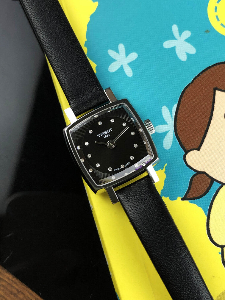Shop Tissot Lovely Square Quartz Diamonds Black Dial Black Leather Strap Watch For Women - T058.109.16.056.00 in USA