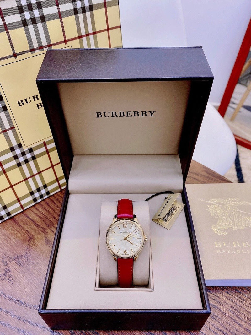 Shop Burberry The Classic Gold Dial Red Leather Strap Watch for Women - BU10102 in USA