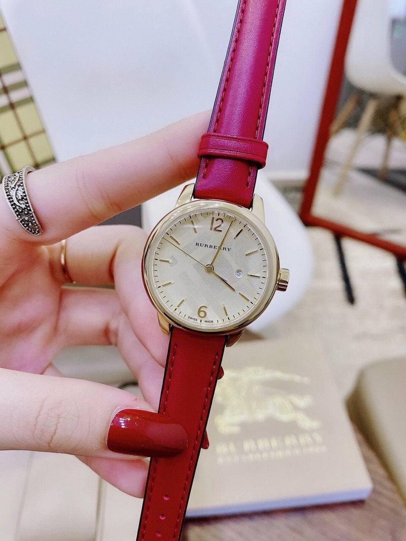 Shop Burberry The Classic Gold Dial Red Leather Strap Watch for Women - BU10102 in USA