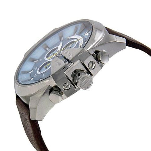 Diesel Mega Chief Light Blue Dial Brown Leather Strap Watch For Men - DZ4281