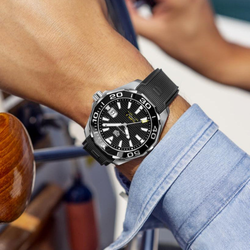 Shop Tag Heuer Aquaracer Calibre 5 Automatic Black Dial Black Rubber Strap Watch for Men - WAY201A.FT6142 in USA