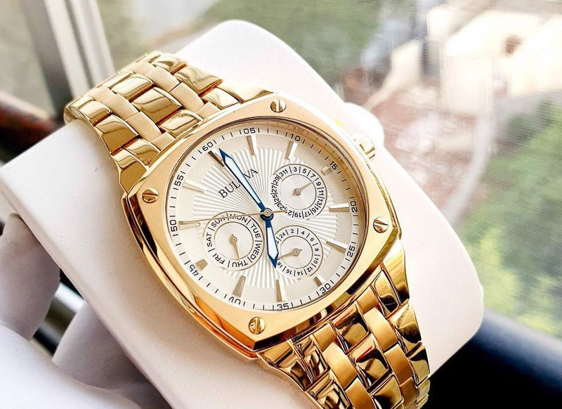 Bulova Multifunction White Dial Gold Steel Strap Watch for Men - 97C105 Buy Now By Bulova