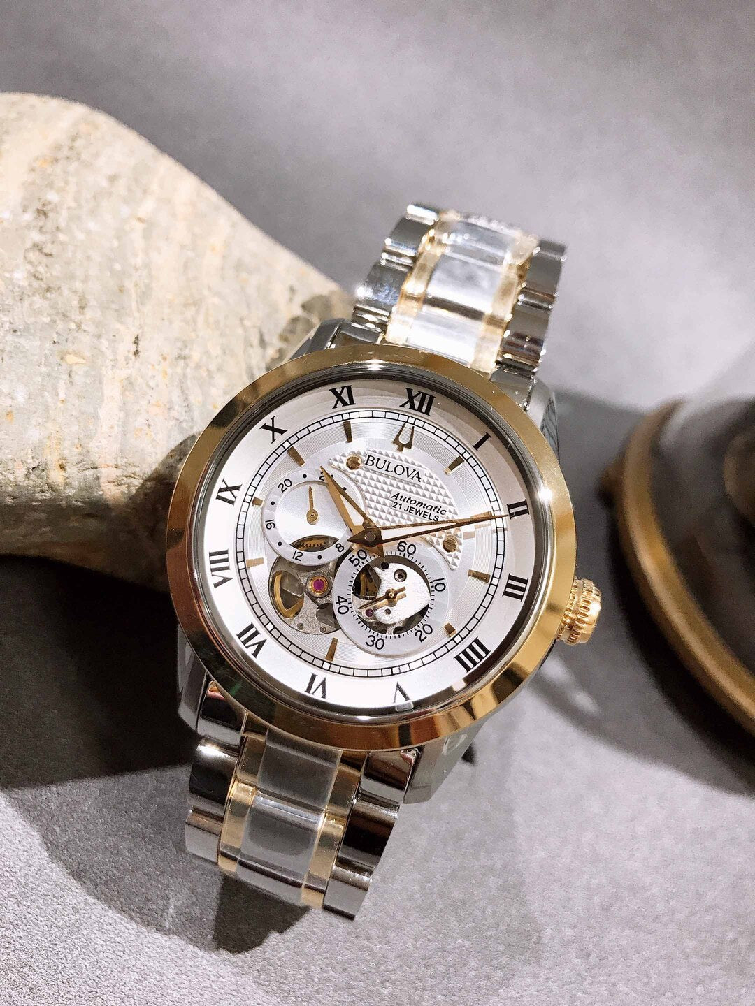 Bulova BVA Skeleton Silver Dial Two Tone Steel Strap Watch for Men - 98A230